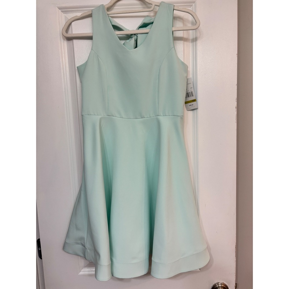 Tween Diva Girls Mint Green Bow Back Cutout Fit and Flare Linen Dress Size 14